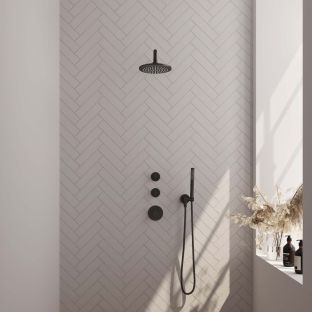 Brauer Black Edition thermostatic built-in shower set - overhead shower 20 cm - curved wall arm - rod hand shower - wall connection - matt black