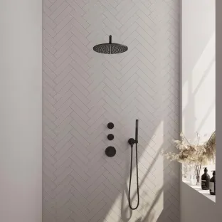 Brauer Black Edition thermostatic built-in shower set - overhead shower 30 cm - curved wall arm - rod hand shower - wall connection - matt black