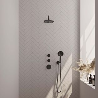 Brauer Black Edition thermostatic built-in shower set - overhead shower 20 cm - curved wall arm - round hand shower - wall connection - matt black