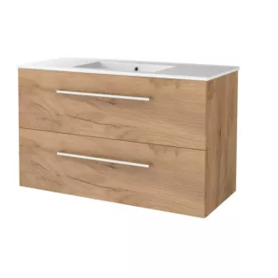 Basic line 46 bathroom furniture with chrome handles - 100 cm - Warm oak - porcelain washbasin 1 tap hole - without mirror