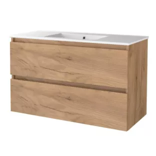 Basic line 46 bathroom furniture handleless - 100 cm - Warm oak - porcelain washbasin 1 tap hole - without mirror