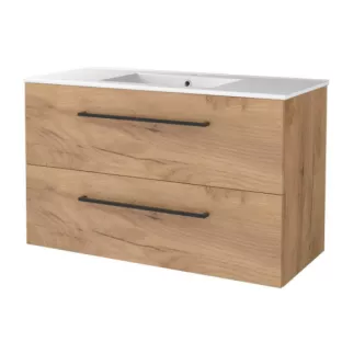 Basic line 46 bathroom furniture with black handles - 100 cm - Warm oak - porcelain washbasin 1 tap hole - without mirror