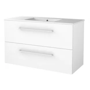 Basic line 46 bathroom furniture with chrome handles - 100 cm - Gloss white - porcelain washbasin 1 tap hole - without mirror