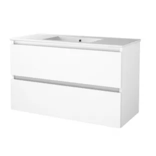 Basic line 46 bathroom furniture handleless - 100 cm - Gloss white - porcelain washbasin 1 tap hole - without mirror