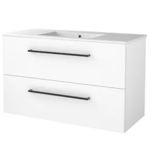 Basic line 46 bathroom furniture with black handles - 100 cm - Gloss white - porcelain washbasin 1 tap hole - without mirror