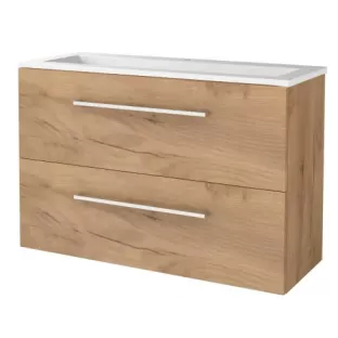 Basic line 46 bathroom furniture with chrome handles - 100 cm - Warm oak - acrylic washbasin 1 tap hole - without mirror