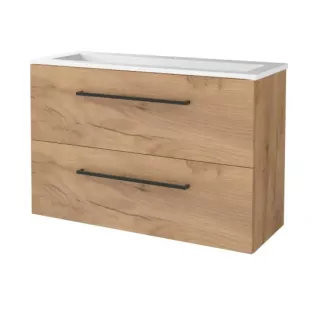 Basic line 46 bathroom furniture with black handles - 100 cm - Warm oak - acrylic washbasin 1 tap hole - without mirror