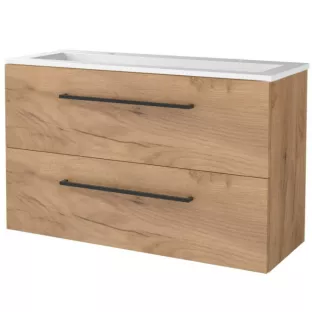 Basic line 46 bathroom furniture with black handles - 100 cm - Warm oak - acrylic washbasin 2 tap holes - without mirror