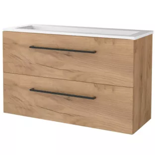 Basic line 46 bathroom furniture with black handles - 100 cm - Warm oak - acrylic washbasin without tap hole - without mirror