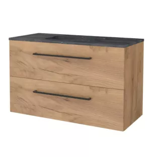 Basic line 46 bathroom furniture black handles - 100 cm - Warm oak - washbasin natural stone 1 tap hole - without mirror