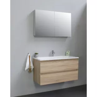 Sanilet bathroom furniture 100 cm wide - oak - flatpack - with mirror cabinet - washbasin white acrylic - 1 tap hole