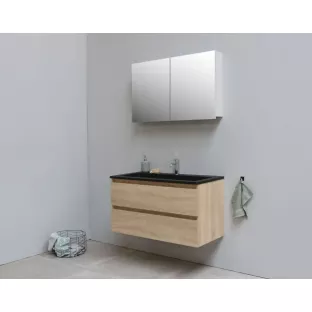 Sanilet bathroom furniture 100 cm wide - oak - flatpack - with mirror cabinet - black acrylic washbasin - 1 tap hole