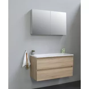 Sanilet bathroom furniture 100 cm wide - oak - flatpack - with mirror cabinet - washbasin white acrylic - 0 tap holes