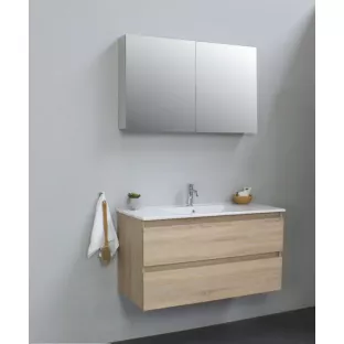 Sanilet bathroom furniture 100 cm wide - oak - flatpack - with mirror cabinet - porcelain washbasin - 1 tap hole