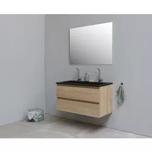 Sanilet bathroom furniture 100 cm wide - oak - assembled - without mirror - black acrylic washbasin - 2 tap holes