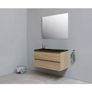 Sanilet bathroom furniture 100 cm wide - oak - assembled - without mirror - washbasin black acrylic - 0 tap holes