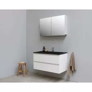 Sanilet bathroom furniture 100 cm wide - high-gloss white - flatpack - with mirror cabinet - black acrylic washbasin - 1 tap hole