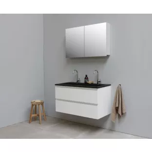 Sanilet bathroom furniture 100 cm wide - high-gloss white - flatpack - with mirror cabinet - black acrylic washbasin - 2 tap holes