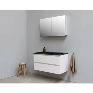 Sanilet bathroom furniture 100 cm wide - high-gloss white - flatpack - with mirror cabinet - black acrylic washbasin - 0 tap holes