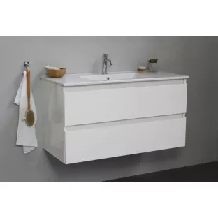 Sanilet bathroom furniture 100 cm wide - high-gloss white - construction kit - with mirror - porcelain washbasin - 1 tap hole