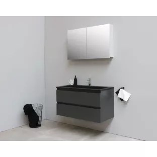 Sanilet bathroom furniture 100 cm wide - matt anthracite - assembled - with mirror cabinet - black acrylic washbasin - 1 tap hole