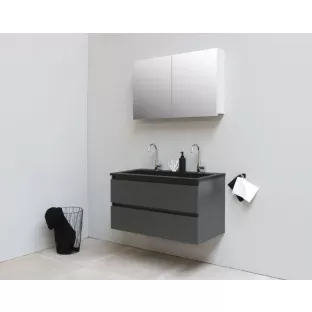 Sanilet bathroom furniture 100 cm wide - matt anthracite - flatpack - with mirror cabinet - washbasin black acrylic - 2 tap holes