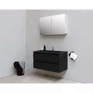 Sanilet bathroom furniture 100 cm wide - matt black - flatpack - with mirror cabinet - washbasin black acrylic - 1 tap hole