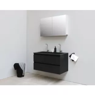 Sanilet bathroom furniture 100 cm wide - matt black - flatpack - with mirror cabinet - washbasin black acrylic - 2 tap holes