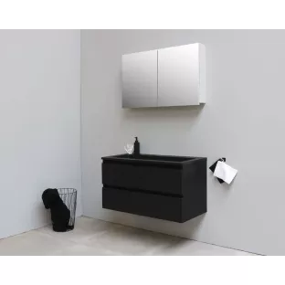 Sanilet bathroom furniture 100 cm wide - matt black - flatpack - with mirror cabinet - washbasin black acrylic - 0 tap holes