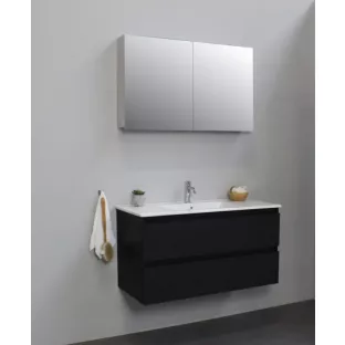 Sanilet bathroom furniture 100 cm wide - matt black - flatpack - with mirror cabinet - porcelain washbasin - 1 tap hole