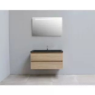 Sanilet bathroom furniture 100 cm wide - oak - flatpack - with LED lighting - washbasin black acrylic - 1 tap hole