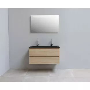 Sanilet bathroom furniture 100 cm wide - oak - flatpack - with LED lighting - washbasin black acrylic - 2 tap holes