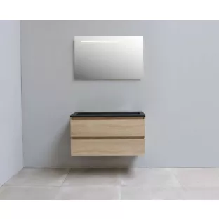 Sanilet bathroom furniture 100 cm wide - oak - flatpack - with LED lighting - washbasin black acrylic - 0 tap holes