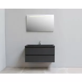 Sanilet bathroom furniture 100 cm wide - matt anthracite - flatpack - with LED lighting - washbasin black acrylic - 1 tap hole