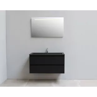 Sanilet bathroom furniture 100 cm wide - matt black - flatpack - with LED lighting - washbasin black acrylic - 1 tap hole