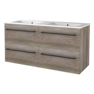 Basic line 46 bathroom furniture with black handles - 120 cm 4 drawers - Dark oak - porcelain washbasin 1 tap hole - without mirror