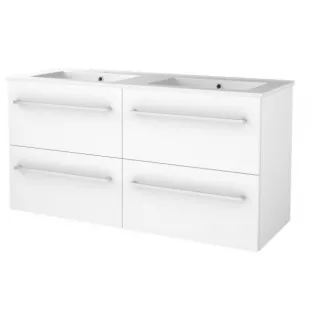 Basic line 46 bathroom furniture with chrome handles - 120 cm 4 drawers - Gloss white - porcelain washbasin 1 tap hole - without mirror