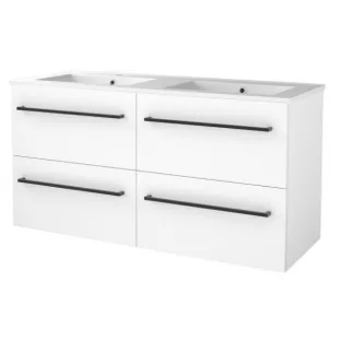 Basic line 46 bathroom furniture with black handles - 120 cm 4 drawers - Glossy white - porcelain washbasin 1 tap hole - without mirror