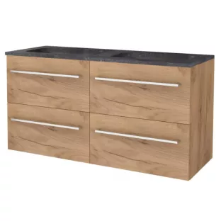 Basic line 46 bathroom furniture chrome handles - 120 cm 4 drawers - Warm oak - washbasin natural stone 1 tap hole - without mirror