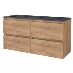 Basic line 46 bathroom furniture handleless - 120 cm 4 drawers - Warm oak - washbasin natural stone 1 tap hole - without mirror