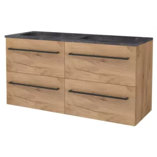 Basic line 46 bathroom furniture black handles - 120 cm 4 drawers - Warm oak - washbasin natural stone 1 tap hole - without mirror