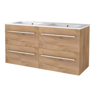 Basic line 46 bathroom furniture with chrome handles - 120 cm 4 drawers - Warm oak - porcelain washbasin 1 tap hole - without mirror