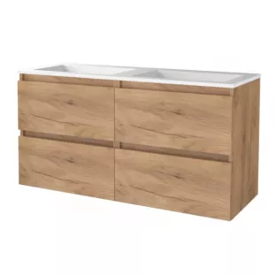 Basic line 46 bathroom furniture handleless - 120 cm 4 drawers - Warm oak - porcelain washbasin 1 tap hole - without mirror