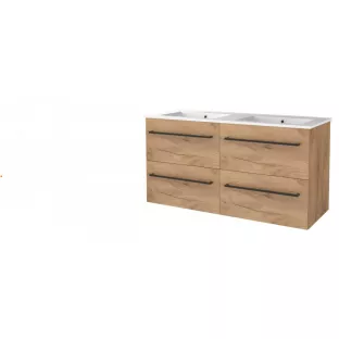 Basic line 46 bathroom furniture with black handles - 120 cm 4 drawers - Warm oak - porcelain washbasin 1 tap hole - without mirror