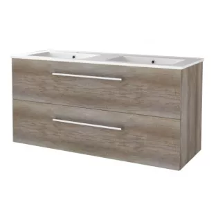 Basic line 46 bathroom furniture with chrome handles - 120 cm 2 drawers - Dark oak - porcelain washbasin 1 tap hole - without mirror