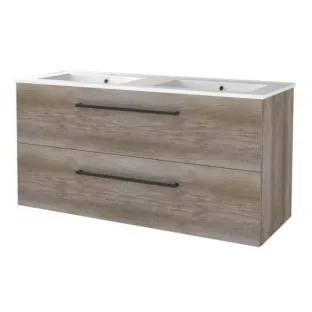 Basic line 46 bathroom furniture with black handles - 120 cm 2 drawers - Dark oak - porcelain washbasin 1 tap hole - without mirror