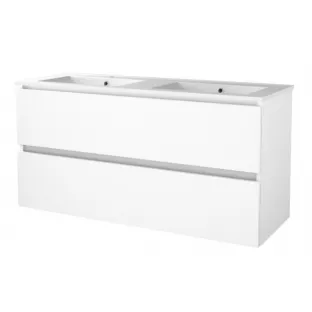 Basic line 46 bathroom furniture handleless - 120 cm 2 drawers - Gloss white - porcelain washbasin 1 tap hole - without mirror