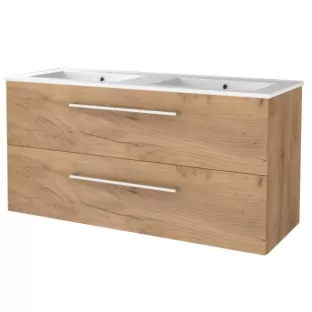 Basic line 46 bathroom furniture with chrome handles - 120 cm 2 drawers - Warm oak - porcelain washbasin 1 tap hole - without mirror