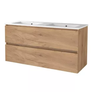 Basic line 46 bathroom furniture handleless - 120 cm 2 drawers - Warm oak - porcelain washbasin 1 tap hole - without mirror