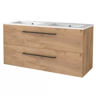 Basic line 46 bathroom furniture with black handles - 120 cm 2 drawers - Warm oak - porcelain washbasin 1 tap hole - without mirror